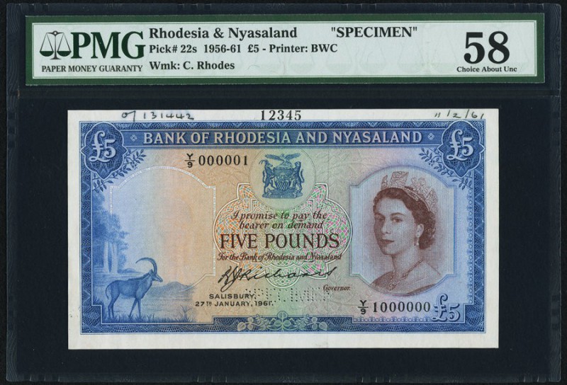 Rhodesia & Nyasaland Bank of Rhodesia and Nyasaland 5 Pounds 27.1.1961 Pick 22s ...