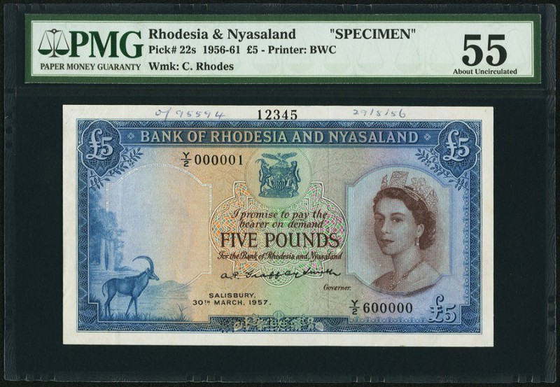 Rhodesia & Nyasaland Bank of Rhodesia and Nyasaland 5 Pounds 30.3.1957 Pick 22s ...