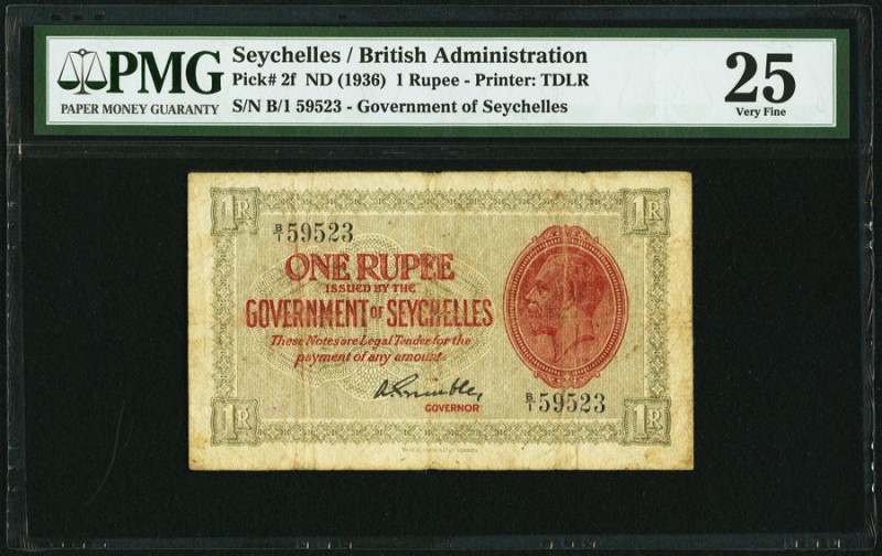 Seychelles Government of Seychelles 1 Rupee ND (1936) Pick 2f PMG Very Fine 25. ...