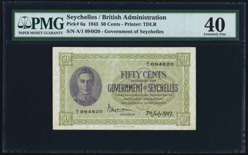 Seychelles Government of Seychelles 50 Cents 7.7.1943 Pick 6a PMG Extremely Fine...