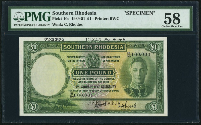 Southern Rhodesia Currency Board 1 Pound 15.1.1947 Pick 10s Specimen PMG Choice ...