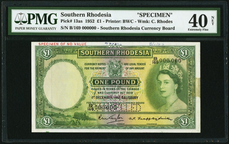 Southern Rhodesia Currency Board 1 Pound 1.12.1952 Pick 13as Specimen PMG Extrem...