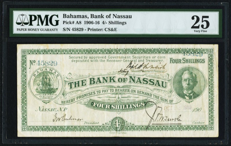 Bahamas Bank of Nassau 4 Shillings 22.10.1910 Pick A8 PMG Very Fine 25. A clean ...