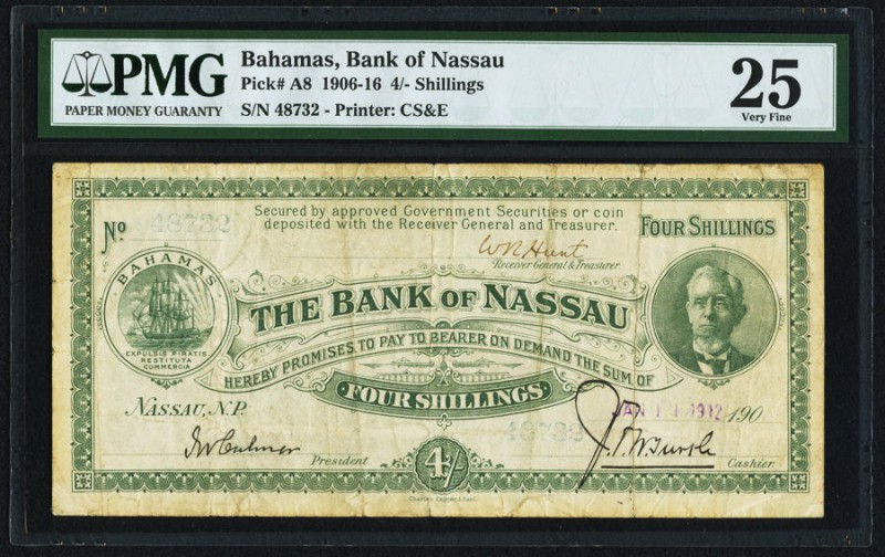 Bahamas Bank of Nassau 4 Shillings 11.1.1912 Pick A8 PMG Very Fine 25. A handsom...