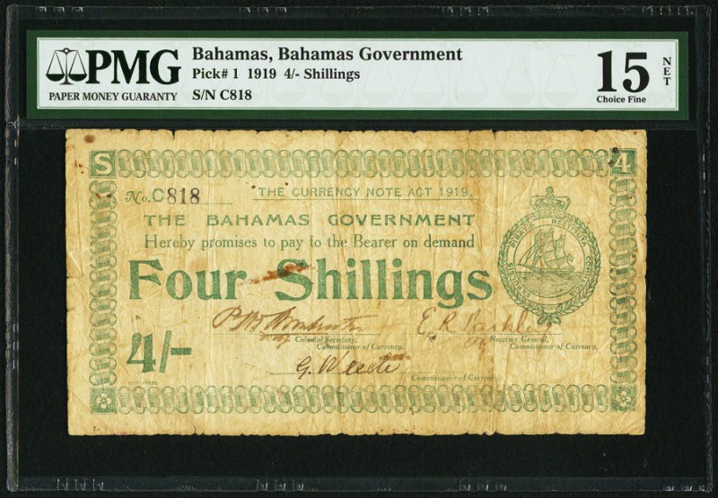 Bahamas Bahamas Government 4 Shillings 1919 Pick 1 PMG Choice Fine 15 Net. An in...