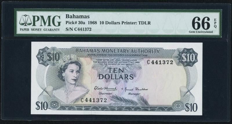 Bahamas Bahamas Monetary Authority 10 Dollars 1968 Pick 30a PMG Gem Uncirculated...