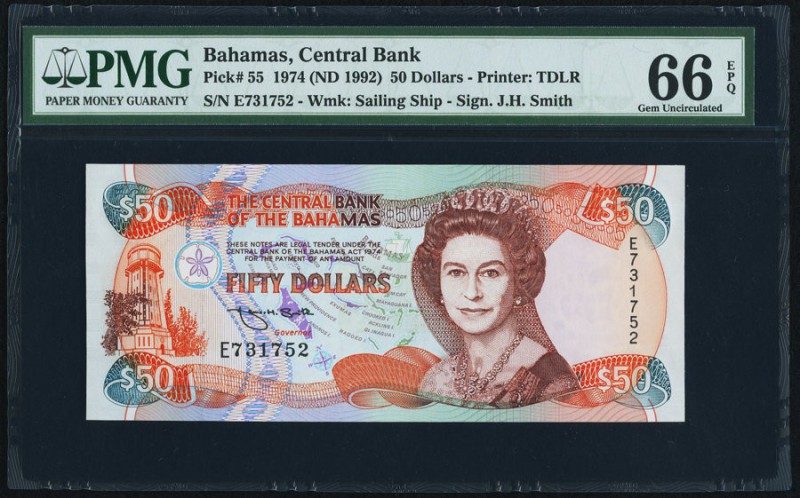 Bahamas Central Bank of the Bahamas 50 Dollars 1974 (ND 1992) Pick 55 PMG Gem Un...