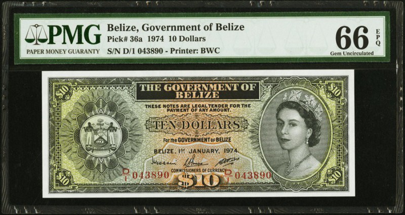 Belize Government of Belize 10 Dollars 1.1.1974 Pick 36a PMG Gem Uncirculated 66...