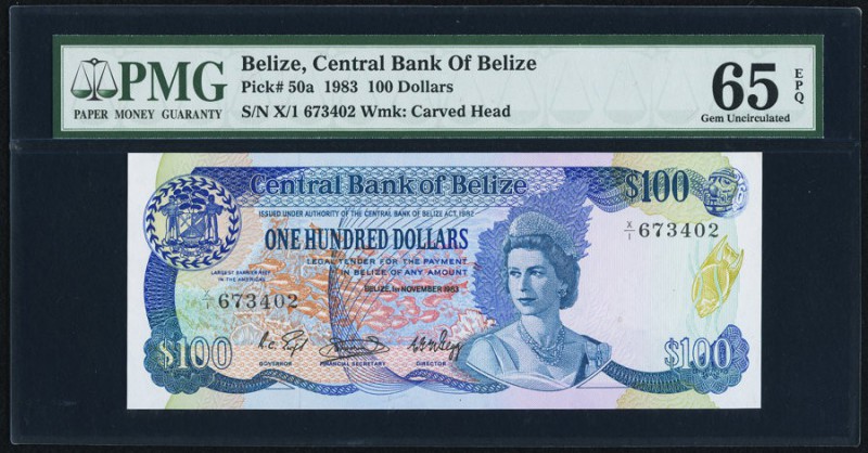 Belize Central Bank of Belize 100 Dollars 1.11.1983 Pick 50a PMG Gem Uncirculate...