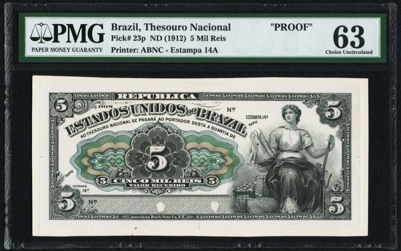 Brazil Thesouro Nacional 5 Mil Reis ND (1912) Pick 23p Uniface Front Proof PMG C...