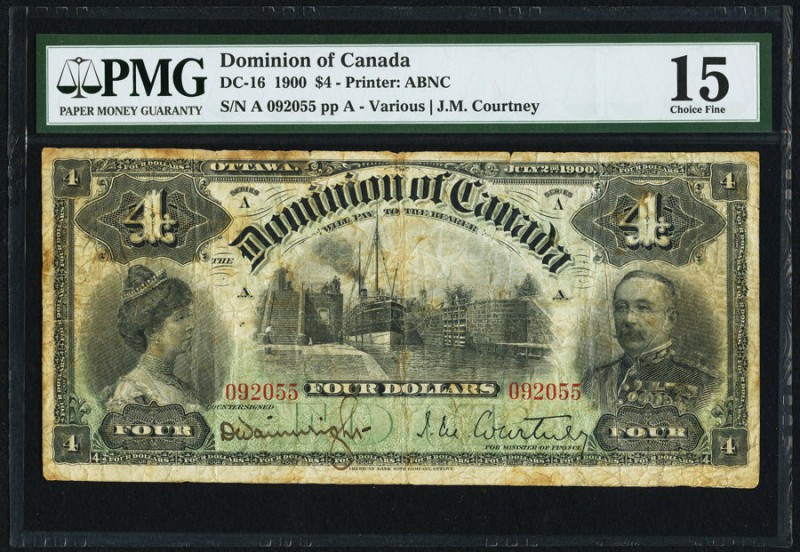 DC-16 $4 2.7.1900 PMG Choice Fine 15. A crisp and handsome example of this rare,...