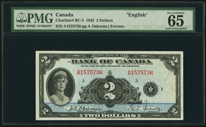 BC-3 $2 1935 PMG Gem Uncirculated 65 EPQ. A high grade English Text $2 example w...