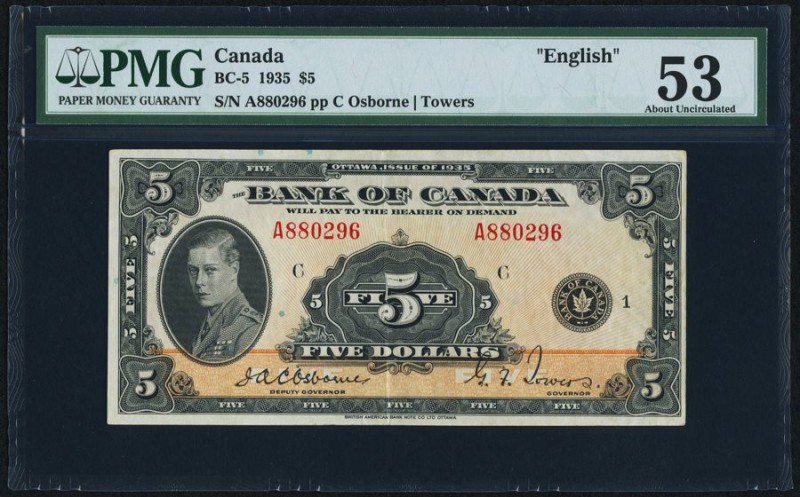 BC-5 $5 1935 PMG About Uncirculated 53. A bright and most pleasing example of an...