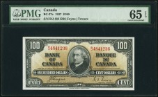 BC-27c $100 1937 PMG Gem Uncirculated 65 EPQ. Sir John A. Macdonald's portrait appears on this well preserved note printed in black with a sepia tint....