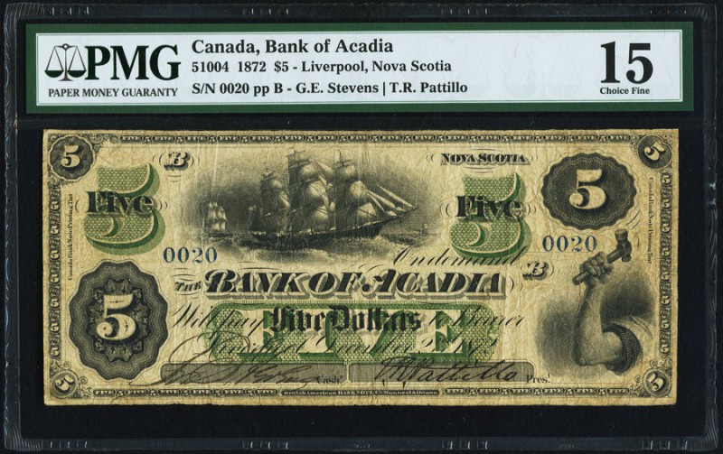 Liverpool, NS- Bank of Acadia $5 2.12.1872 Ch.# 5-10-04 Serial Number 20 PMG Cho...