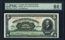 Montreal, PQ- Molsons Bank $5 3.7.1922 Ch.# 490-40-02 PMG Choice Uncirculated 64 EPQ. A handsome example, from a small cache that was thankfully saved...