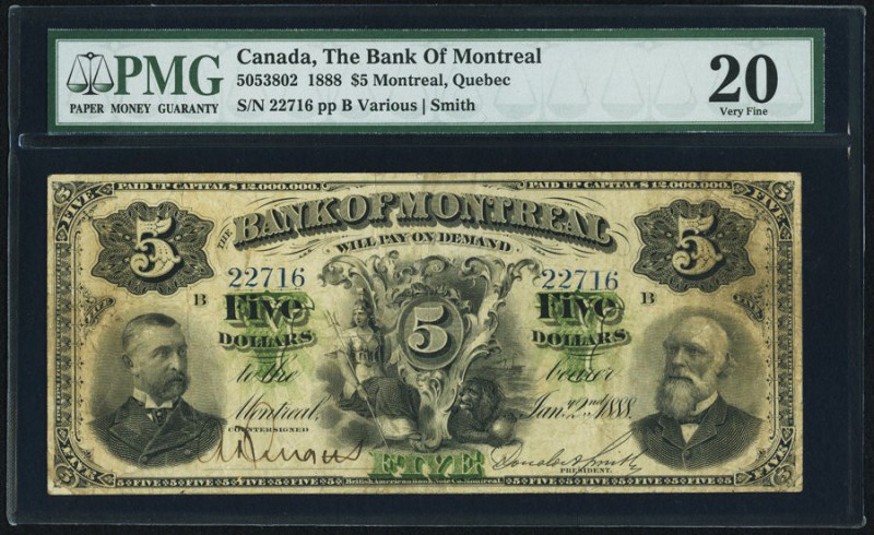 Montreal, PQ- Bank of Montreal $5 2.1.1888 Ch.# 505-38-02 PMG Very Fine 20. Desp...