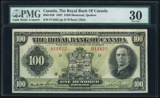 Montreal, PQ- Royal Bank of Canada $100 3.1.1927 Ch.# 630-14-20 PMG Very Fine 30. A choice, highest denomination issue, and scarce in any grade. Minor...