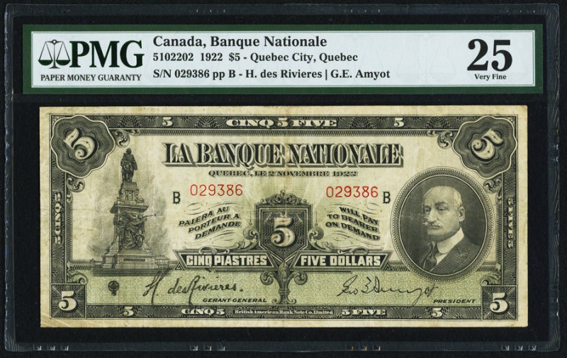 Quebec City, PQ- La Banque Nationale $5 2.11.1922 Ch.# 510-22-02 PMG Very Fine 2...