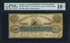 St. John's, NF- Commercial Bank of Newfoundland $4 / 1 Pound 1.1.1867 Ch.# 185-12-02 PMG Very Good 10 Net. Quite a scarce and desirable hand-signed is...