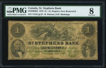 St. Stephen, NB- St. Stephens Bank $1 1.10.1873 Ch.# 675-20-04-02 PMG Very Good 8. A scarce, earlier issue, issued from the small town of St. Stephen,...