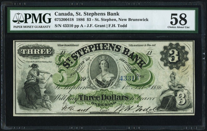 St. Stephen, NB- St. Stephens Bank $3 1.2.1886 Ch.# 675-20-04-18 PMG Choice Abou...