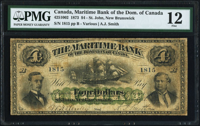 St. John, NB- Maritime Bank of the Dominion of Canada $4 2.1.1873 Ch.# 425-10-02...