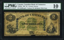 Toronto, ON- Canadian Bank of Commerce $2 1.5.1867 Ch.# 75-10-04a London Overprint PMG Very Good 10. Quite a rare issue in any grade, and likely one o...