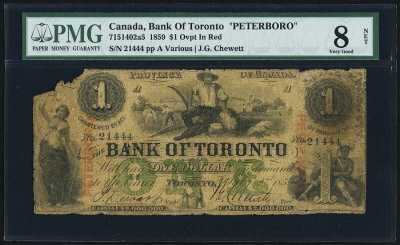 Toronto, ON- Bank of Toronto $1 2.7.1859 Ch.# 715-14-02a5 "Peterboro" Overprint ...