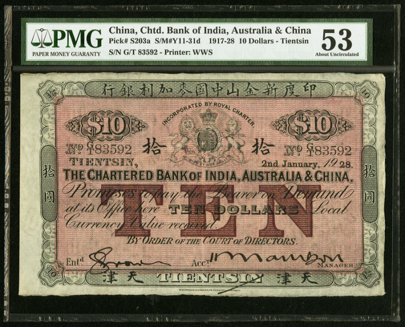 China Chartered Bank of India, Australia and China, Tientsin 10 Dollars 2.1.1928...