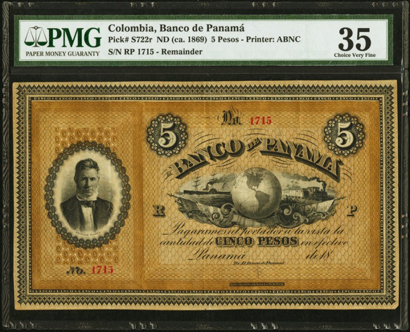 Colombia Banco de Panama 5 Pesos 18__ (ca. 1869) Pick S722r Remainder PMG Choice...