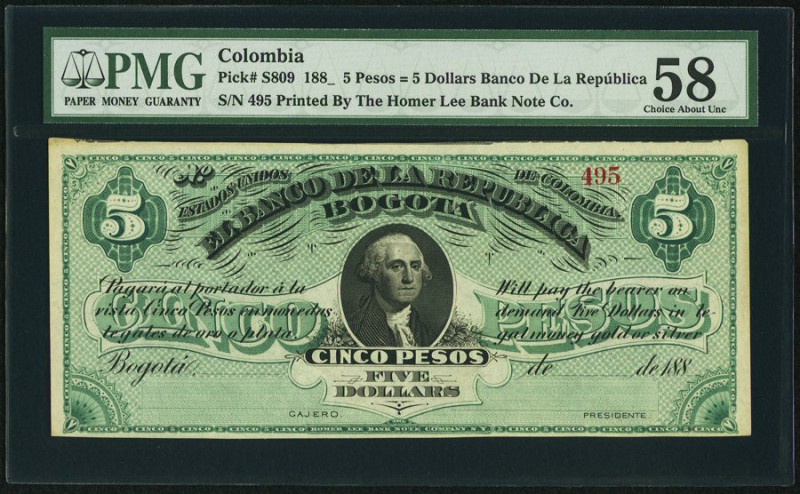 Colombia Banco de la Republica 5 Pesos = 5 Dollars 188_ Pick S809 Unissued PMG C...