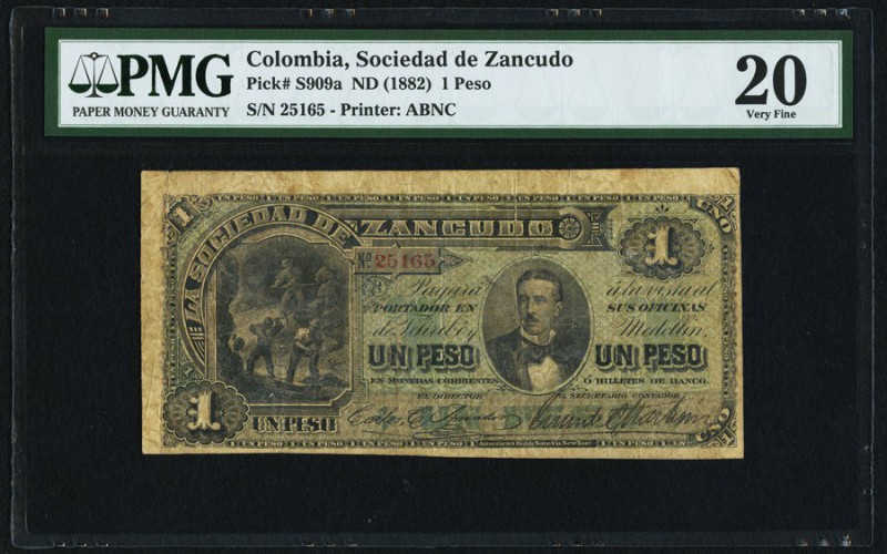 Colombia Sociedad de Zancudo 1 Peso ND (1882) Pick S909a PMG Very Fine 20. Quite...