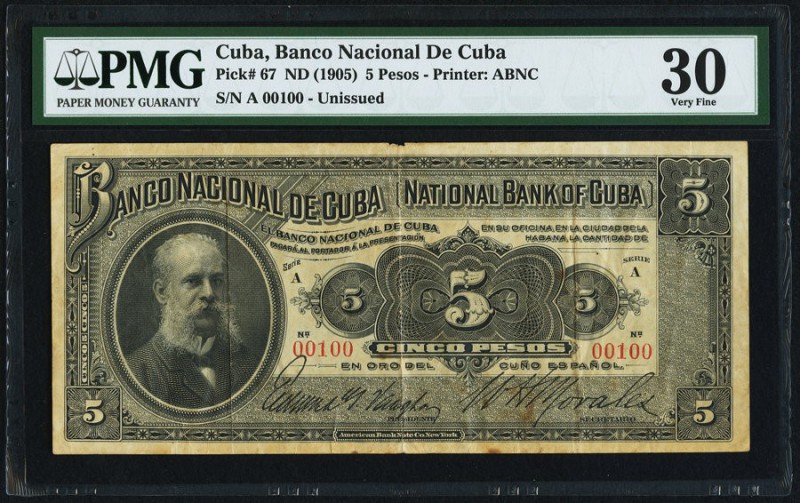 Cuba Banco Nacional de Cuba 5 Pesos ND (1905) Pick 67 "Unissued" PMG Very Fine 3...