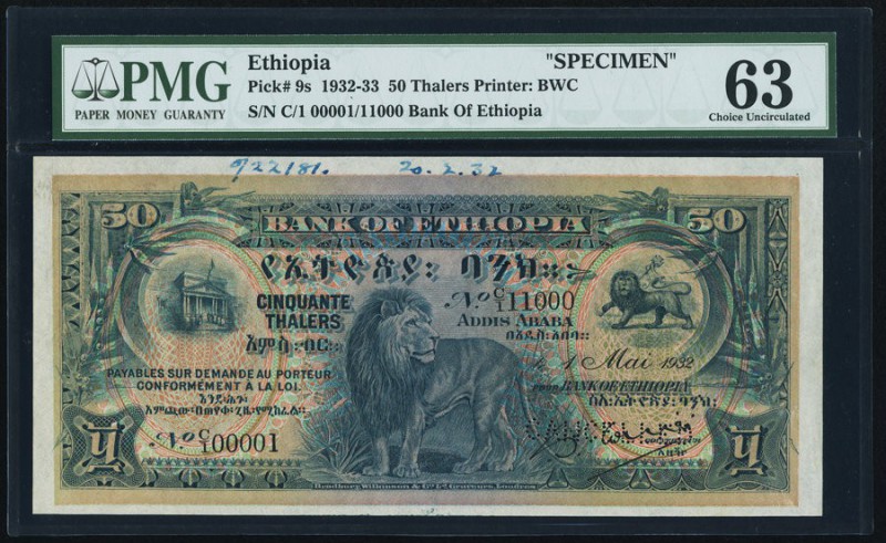 Ethiopia Bank of Ethiopia 50 Thalers 1.5.1932 Pick 9s Specimen PMG Choice Uncirc...