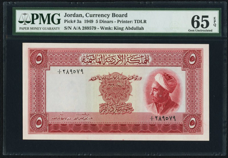 Jordan Currency Board 5 Dinars 1949 Pick 3a PMG Gem Uncirculated 65 EPQ. A hands...