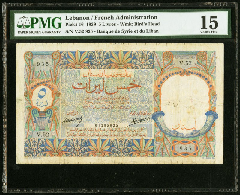 Lebanon Banque de Syrie et du Liban 5 Livres 1939 Pick 16 PMG Choice Fine 15. A ...