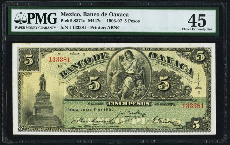 Mexico Banco De Oaxaca 5 Pesos 10.7.1907 Pick S371a PMG Choice Extremely Fine 45...