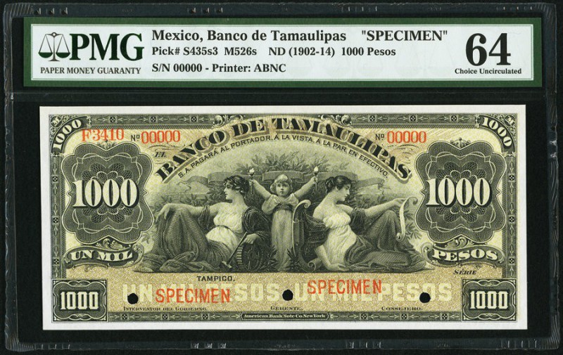 Mexico Banco de Tamaulipas 1000 Pesos ND (1902-1914) Pick S435s3 M526s Specimen ...