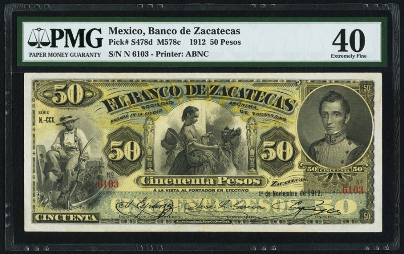 Mexico Banco De Zacatecas 50 Pesos 1.11.1912 Pick S478d PMG Extremely Fine 40. A...