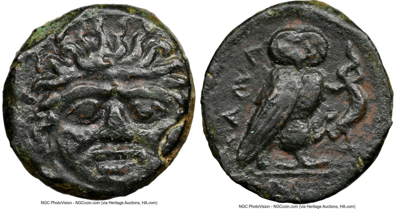 SICILY. Camarina. Ca. 420-405 BC. AE tetras (13mm, 11h). NGC Choice VF. Litra st...