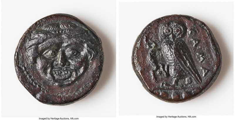 SICILY. Camarina. Ca. 420-405 BC. AE tetras (14mm, 2.84 gm, 9h). VF, altered sur...