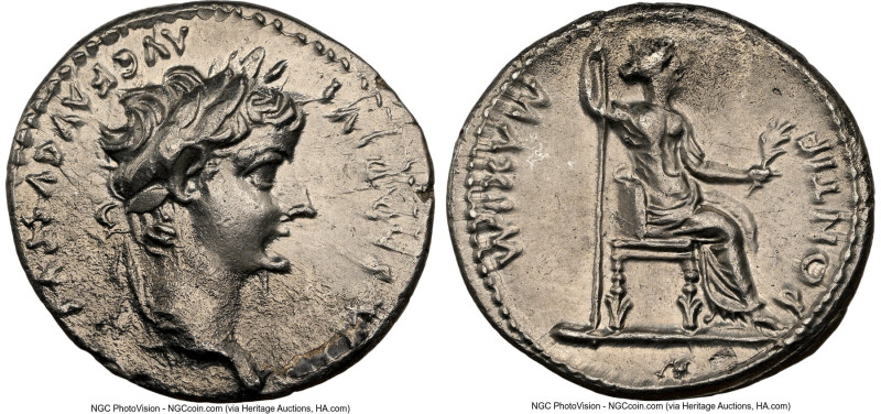 Tiberius (AD 14-37). AR denarius (19mm, 3.62 gm, 5h). NGC AU 5/5 - 2/5. Lugdunum...