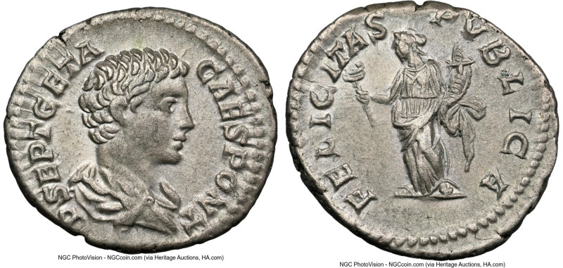 Geta, as Caesar (AD 209-211). AR denarius (19mm, 5h). NGC Choice XF. Rome, AD 20...