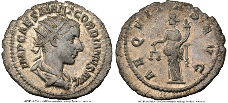 Gordian III (AD 238-244). AR antoninianus (23mm, 12h). NGC Choice XF. Antioch, A...