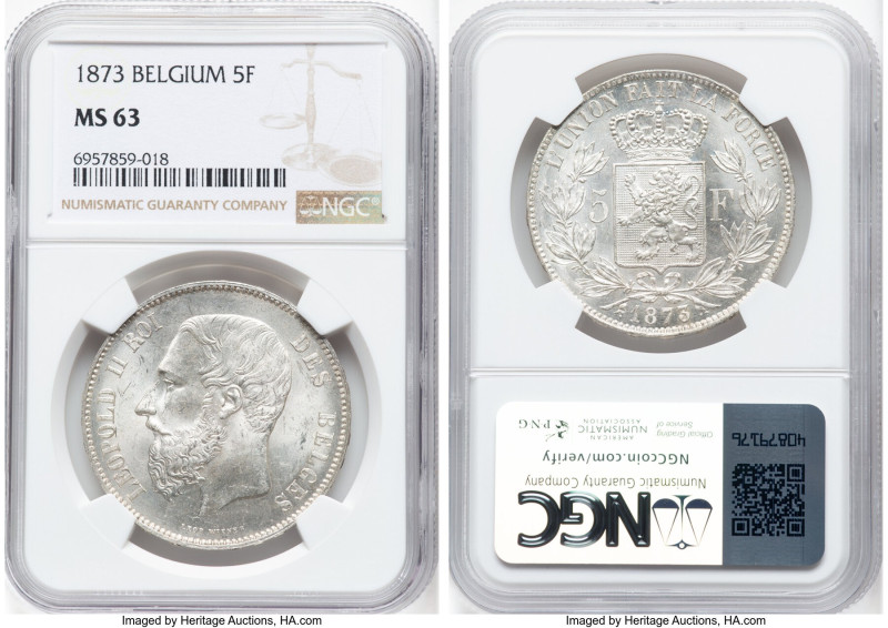 Leopold II 5 Francs 1873 MS63 NGC, Brussels mint, KM24. Position A. HID098012420...