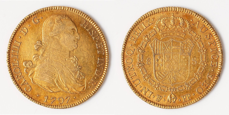 Charles IV gold 8 Escudos 1797 PTS-PP XF, Potosi mint, KM81. 36.5mm. 26.92gm. HI...