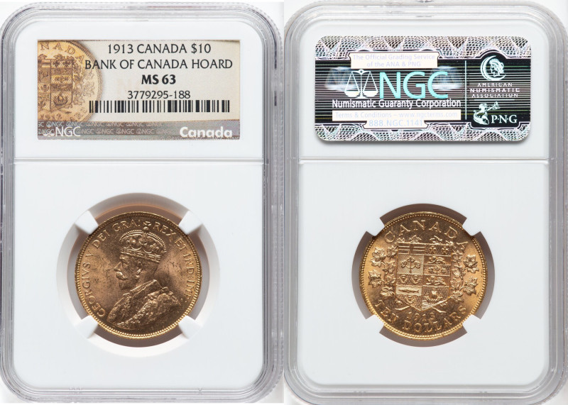 George V gold 10 Dollars 1913 MS63 NGC, Ottawa mint, KM27, Fr-3. Bank of Canada ...