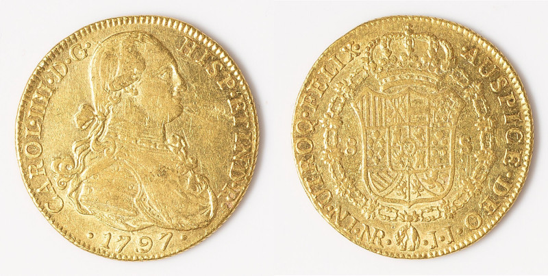 Charles IV gold 8 Escudos 1797 NR-JJ AU, Nuevo Reino mint, KM62.1. 35.4mm. 26.99...