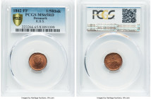 Pair of Certified 1/5 Rigsbankskilling MS65 Red PCGS, 1) Christian VIII 1/5 Rigsbankskilling 1842-FF, Altona mint, KM724 2) Christian IX 1/2 Skilling ...